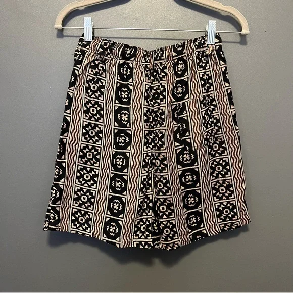 Vintage abstract vacation shorts elastic drawstring high waist black brown tan M - Picture 8 of 10